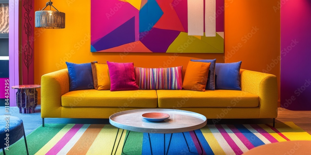 Poster vibrant interior design showcasing a colorful background that enhances living spaces, creating an in