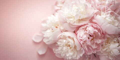 This is a close view of a simple bouquet featuring soft pastel peonies that show visible pollen, set against a gentle pink backdrop, creating a serene and peaceful ambiance.