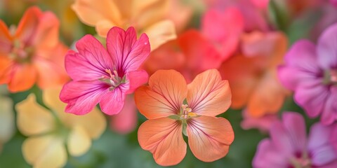 Obraz premium Vibrant close up of Pelargonium flowers showcasing a stunning array of colors, highlighting the beauty and details of Pelargonium blossoms in vivid shades.