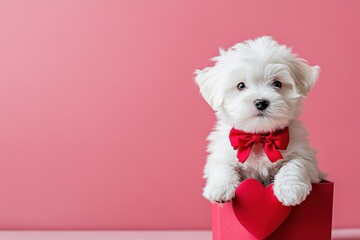 Fluffy white puppy with red bow sitting in heart shaped gift box on pink background