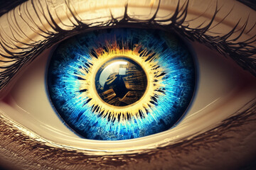 Close up of a man's eye. The eyeball looks into the blockchain. Image generated by artificial intelligence.
