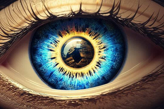 Close up of a man's eye. The eyeball looks into the blockchain. Image generated by artificial intelligence.