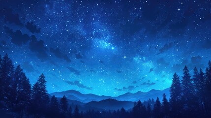 Naklejka premium Starry Night Sky Illustration, captivating celestial scene filled with shimmering stars, deep blues and blacks creating a tranquil and enchanting atmosphere perfect for various creative projects