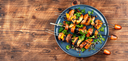 Roasted Vegetables on skewers, barbecue vegetables