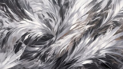 Obraz premium Bold monochrome canvas featuring textured black and white brush strokes, enhanced by shimmering silver accents, creating a striking and dynamic artistic expression.