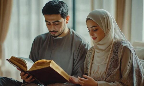 Religious young Muslim couple reading the Quran book during prayer in a bright home interior