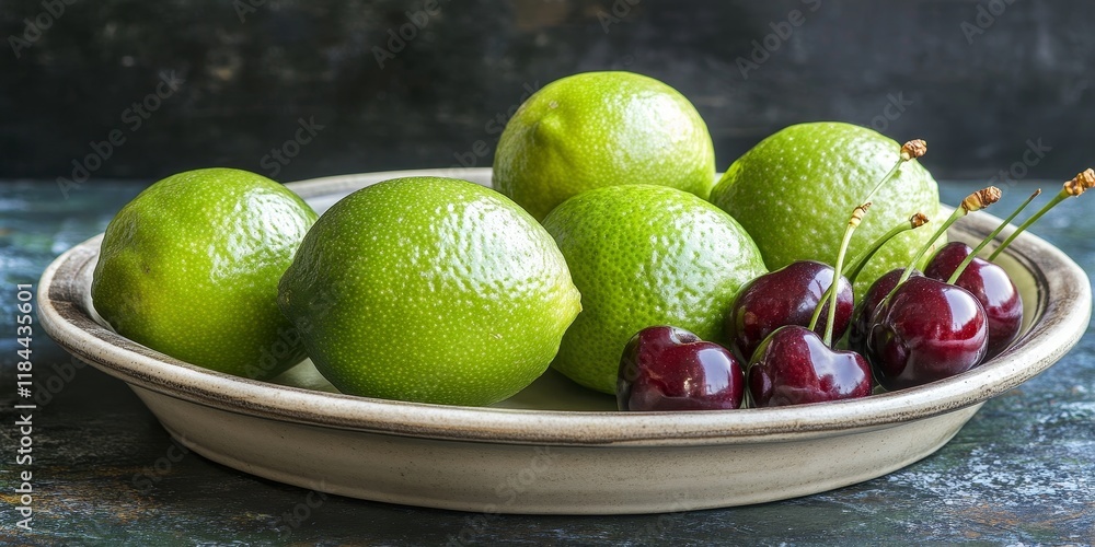 Aufkleber fresh green limes accompanied by vibrant cherries on a plate create a refreshing visual. this image 