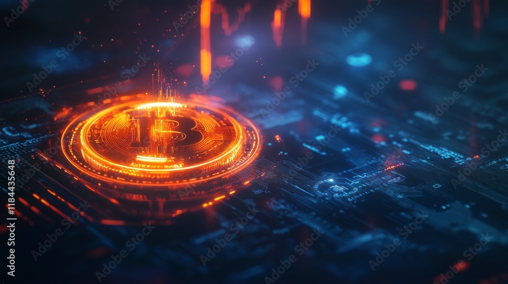 Poster exploring bitcoin dynamics digital finance hub visual art futuristic environment macro viewpoint cry