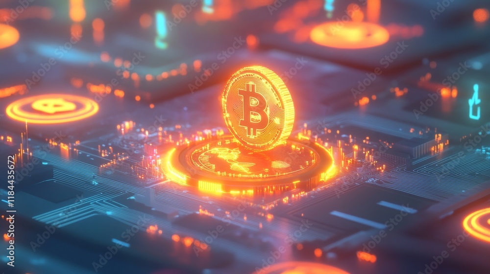 Poster bitcoin mining revolution digital currency virtual environment graphic visualization futuristic view