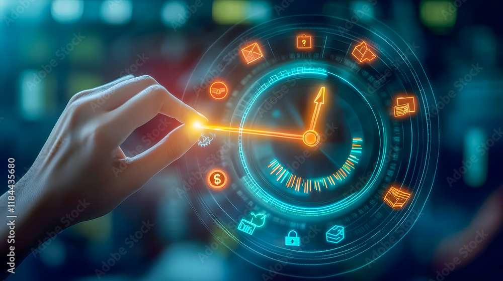 Poster futuristic interface with hand interacting with digital clock and icons representing time management