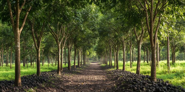 Rubber trees are growing in a rural plantation environment, highlighting the agricultural aspect of rubber production in the countryside.