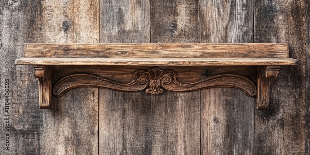Poster wooden shelf with a decorative frame displayed against a rustic wooden background, creating an invit