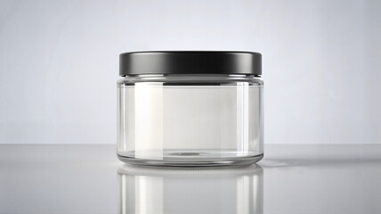 Glass jar with black lid on white reflective surface