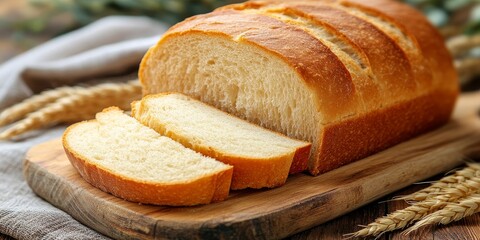 Freshly baked homemade traditional bread, hand sliced for the perfect texture and flavor, represents the essence of comfort food. Indulge in the taste of freshly baked homemade traditional bread.