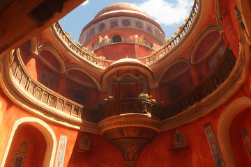 Obraz premium Sunlit interior of a grand, ornate red building with balconies and a domed ceiling. Rich textures and intricate details.