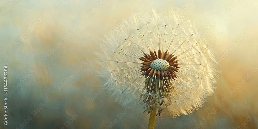 Poster Dandelion head in full seed against a softly blurred field backdrop, showcasing the delicate beauty of the dandelion head and its intricate seed structure in a serene setting.
