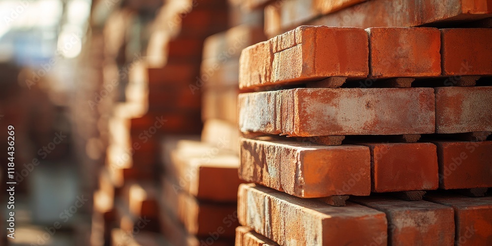 Poster close up view of a stack of red brick, emphasizing the texture and color of the red brick, creating 
