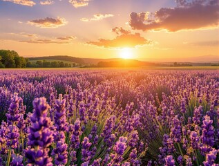 Fototapeta premium Sunset Lavender Field: Vibrant Purple Blossoms at Golden Hour
