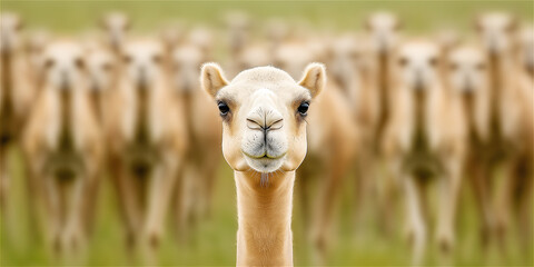 A camel with an expressive face stands out against a blurred herd on a desert background. Ideal for concepts of humor, travel, or exotic destinations.