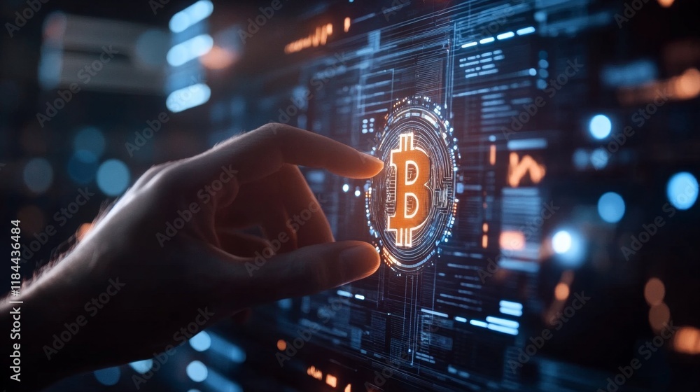 Poster exploring cryptocurrency technology bitcoin interface digital space interactive display futuristic e