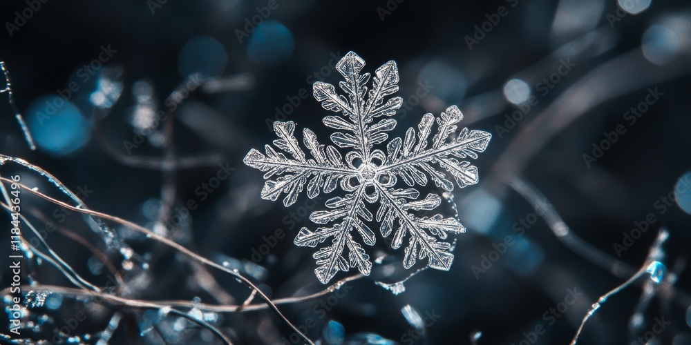 Poster a detailed view captures a fragile snowflake against a dark backdrop, showcasing the intricate patte