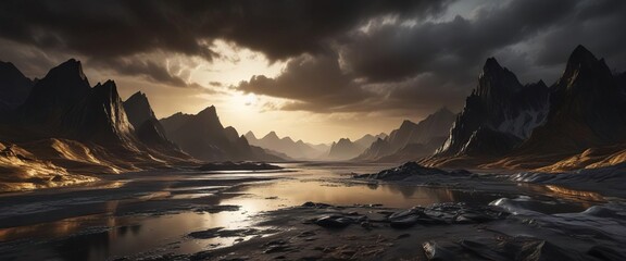 Moody landscape of gold and silver hues in a dark canvas with textured brushstrokes, textured paint, mysterious vibes