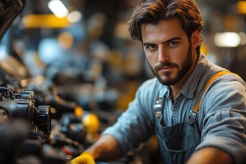 Car mechanic in overalls skillfully working on engine components in a busy workshop