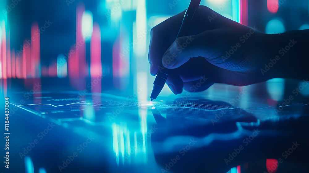 Poster futuristic digital interface with glowing graphs and data analysis process showcasing innovative tec
