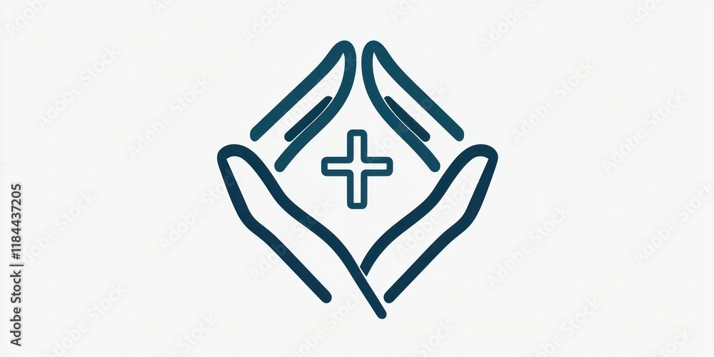 Poster a simple line icon representing treatment and healthcare with a cross and supportive elements.