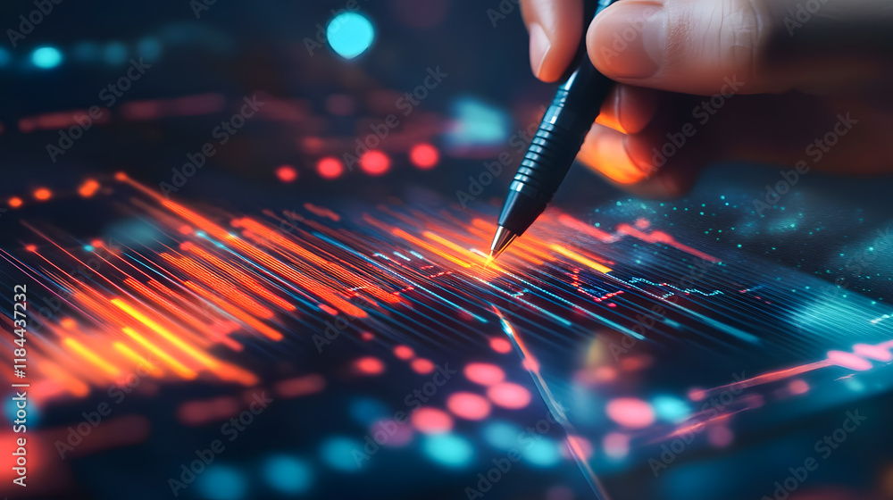 Poster digital data analysis and visualization with futuristic graphics and trends on a screen with a hand 