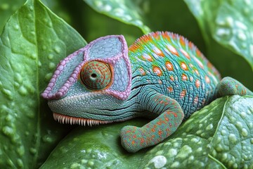 Obraz premium Chameleon blends with green leaves while changing color in its natural habitat