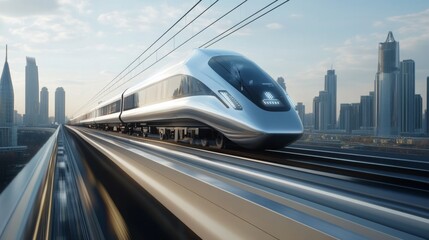 High-speed train racing through urban skyline cityscape digital art futuristic aerial view modern transportation concept