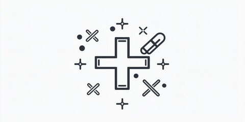 A simple line icon representing treatment and healthcare with a cross and supportive elements.