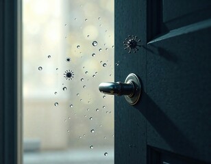 Tiny droplets of water and airborne virus particles floating in mid-air around an open door handle, airborne viruses, health risks, germ dispersal
