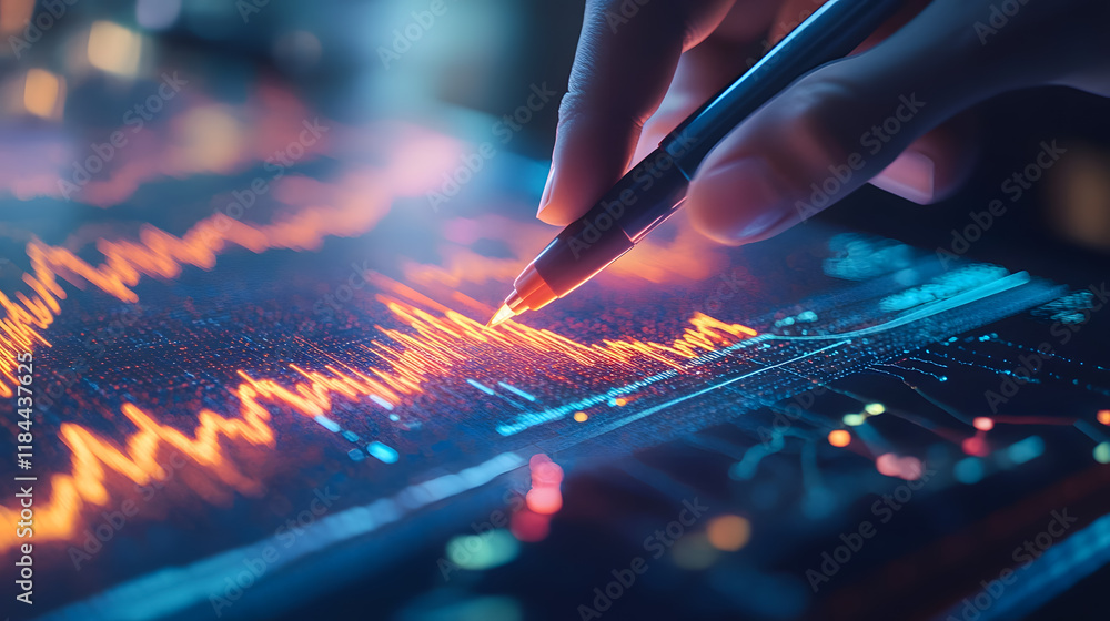 Poster detailed analysis of financial data with pen on screen displaying vibrant statistical graphs and cha