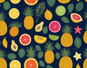 Tropical Fruit Seamless Pattern: Pineapple, Citrus, and Exotic Fruits Illustration