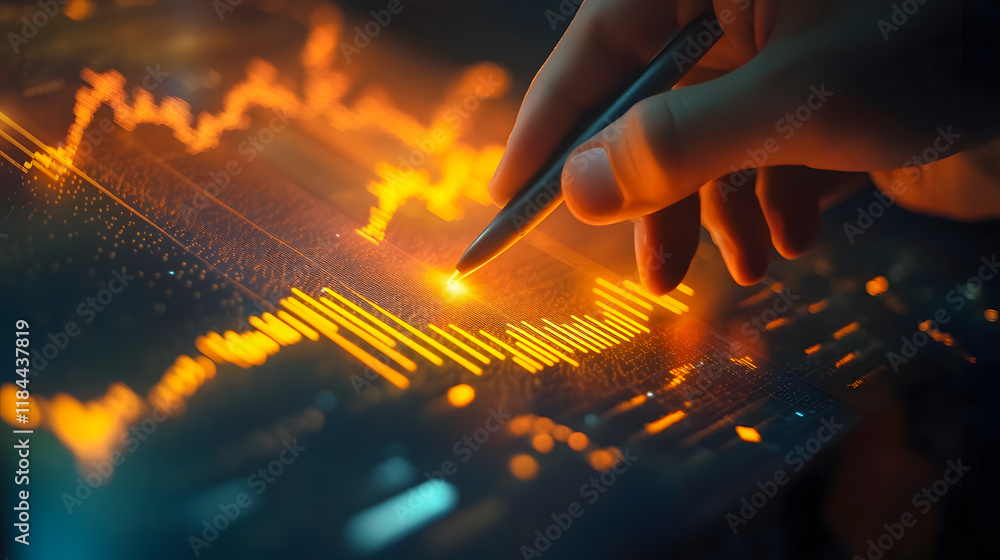 Poster close-up of a hand holding a pen analyzing financial data and digital graphs on a screen with orange