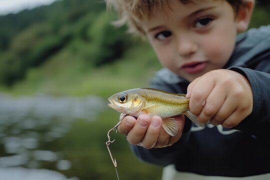 Boy celebrates catching his first fish while enjoying a day at the lake