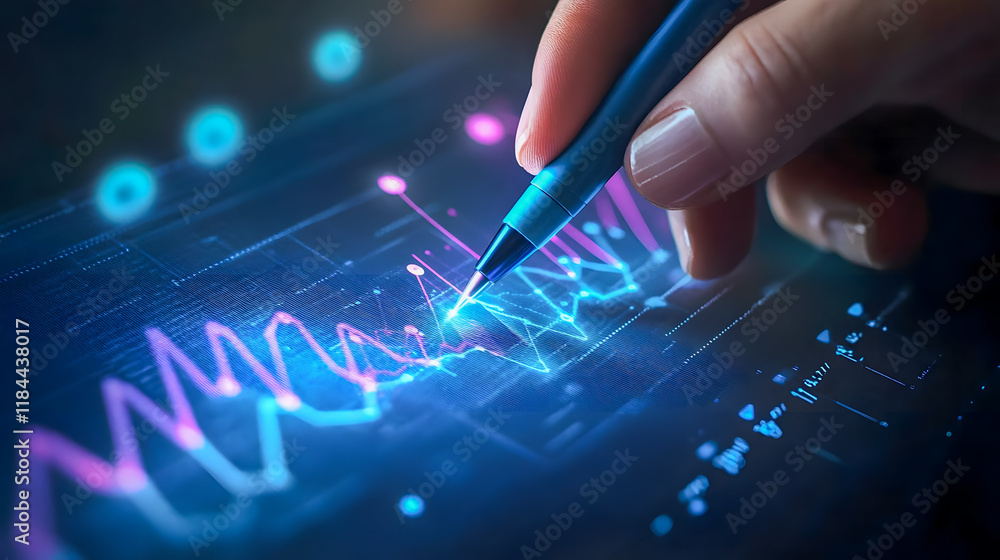 Poster hand holding pen analyzing financial data on interactive touchscreen with colorful graphs and charts