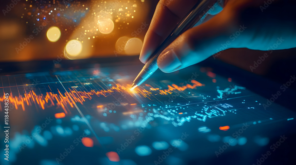 Poster digital analytics and data visualization concept with hand and stylus on tablet screen displaying fi