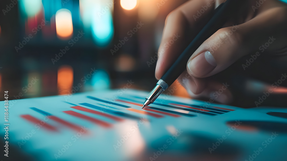 Poster business analysis with graphs and charts focused on growth and performance metrics using elegant pen