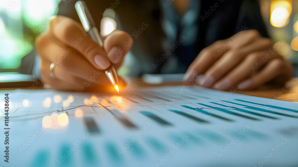 Poster business professional analyzing financial data with pen on document, close-up view of hands with cha