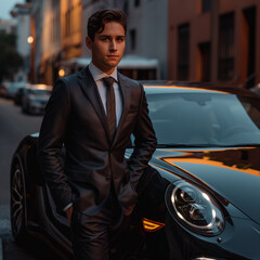 A young man in a professional suit is standing in front of the car.