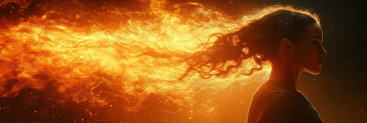 Naklejka premium Dancer in motion illuminated by fiery background with flowing hair and dynamic energy