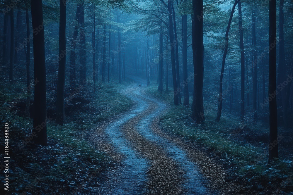 Poster winding path through a dark forest at dusk with subtle movement hints