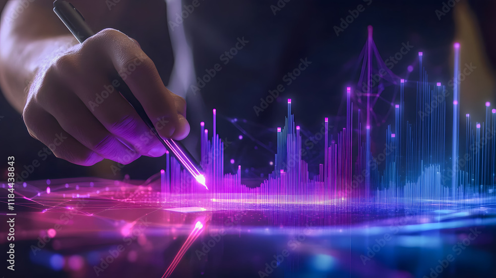 Poster digital hand analyzing colorful data visualization with bright graphs and charts in modern technolog
