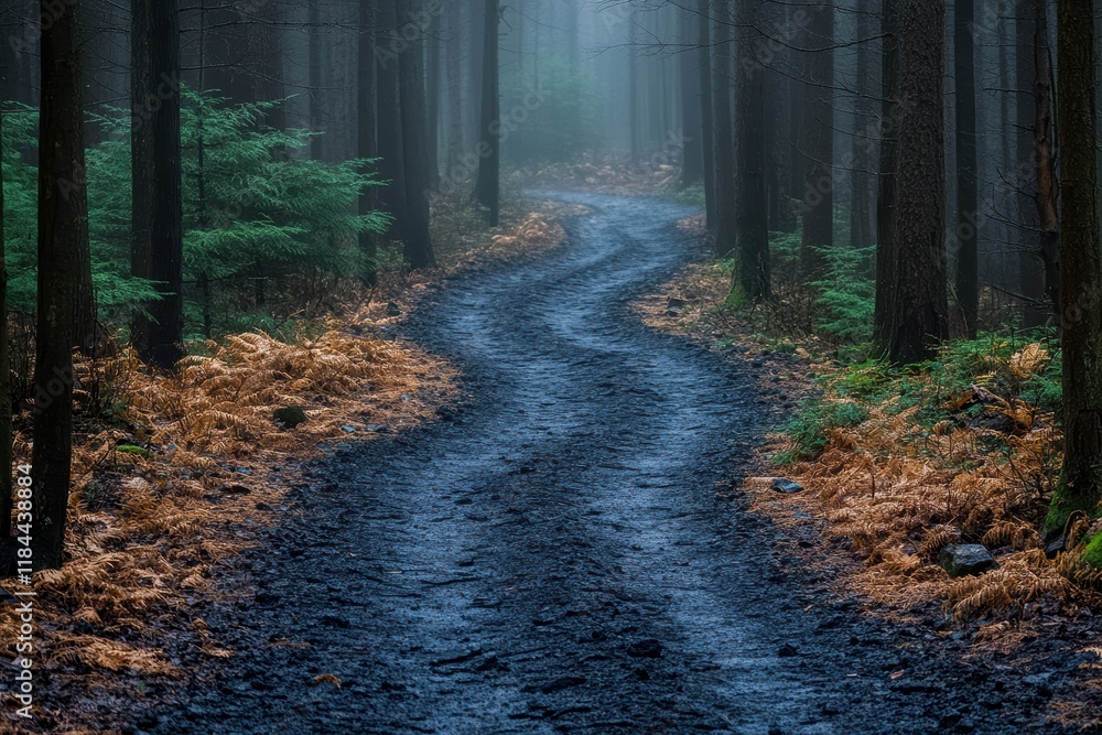 Poster winding path through a dark forest with mysterious atmosphere and subtle movement
