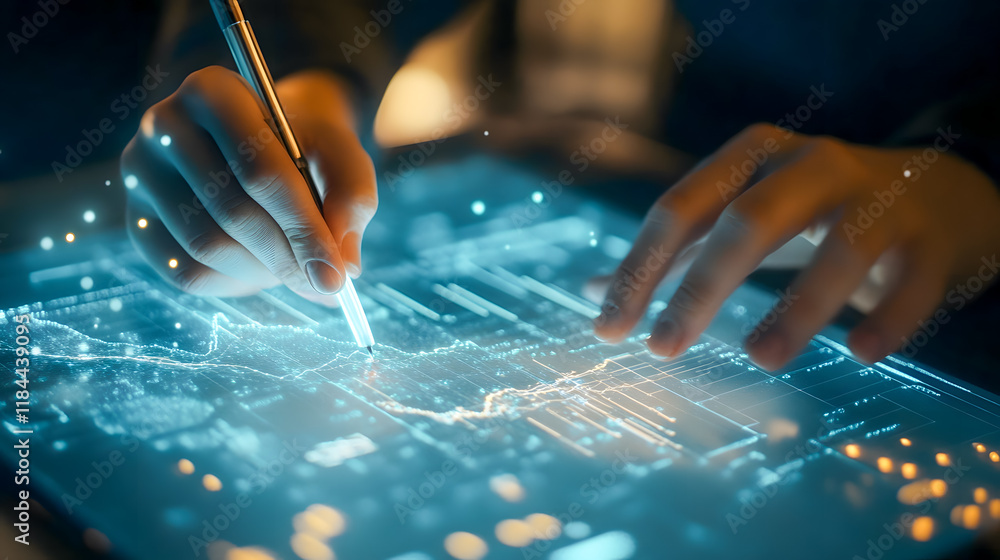 Poster hands using digital tablet to analyze data trends with graphs and charts in a futuristic workspace e
