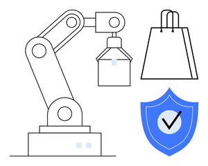 Robotic arm lifts box next to shopping bag and blue shield with check mark. Ideal for retail innovation, technology security, e-commerce, industrial automation, manufacturing safety, inventory