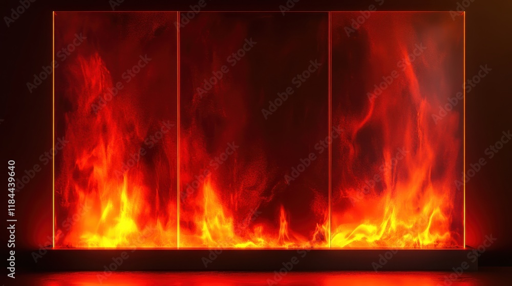 Poster fiery flames behind transparent panels in dark setting displaying intense blaze